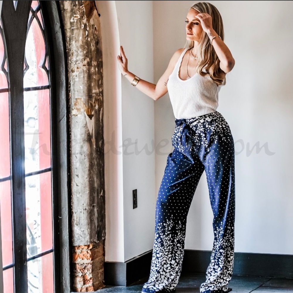 Navy White Polka Dot Floral Print Palazzo Pants